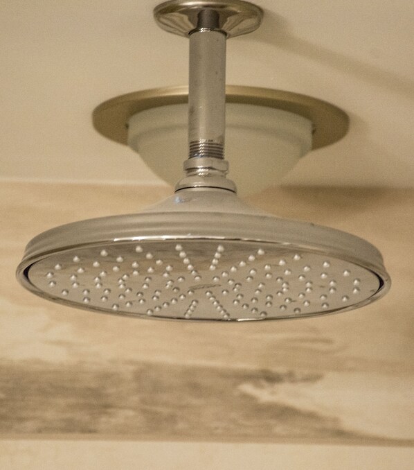 A showerhead with a circular design and a metallic finish. - The Delavan Hotel & Spa (Bowmansville)