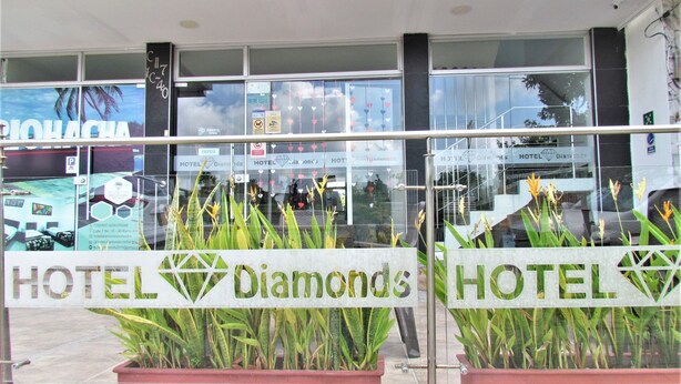 Entrada de un hotel con el letrero 'HOTEL Diamonds', puertas de vidrio y plantas en macetas.