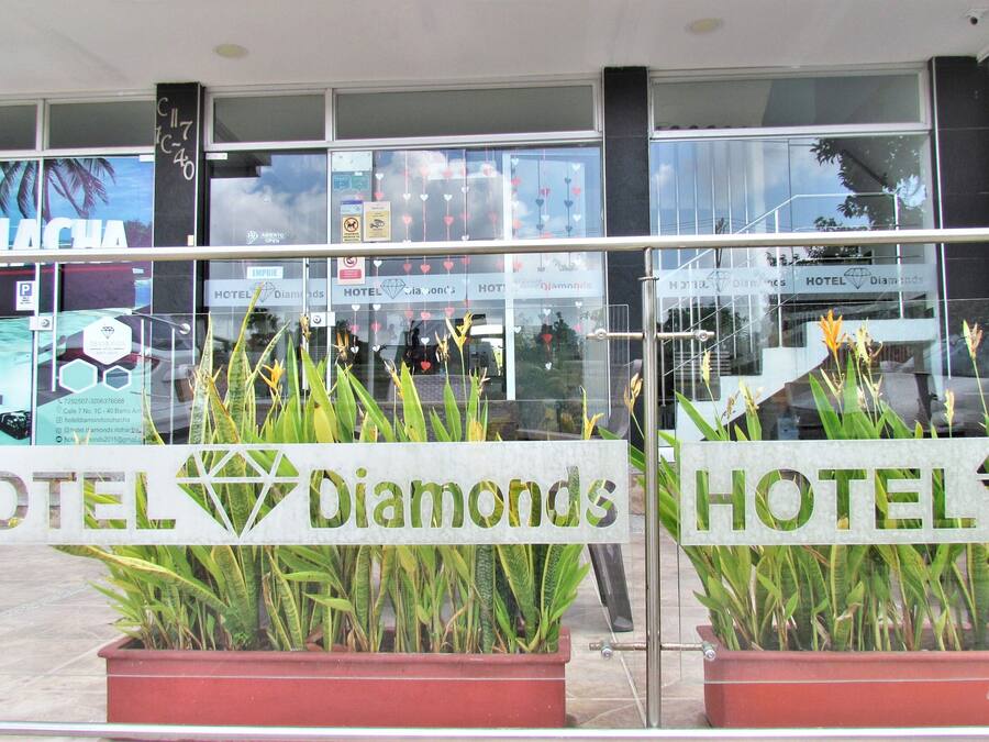 Entrada de un hotel con el letrero 'HOTEL Diamonds', puertas de vidrio y plantas en macetas.