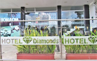 Entrada de un hotel con el letrero 'HOTEL Diamonds', puertas de vidrio y plantas en macetas.