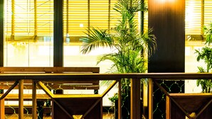 Une pièce avec un banc en bois, une plante en pot et une fenêtre avec des stores.