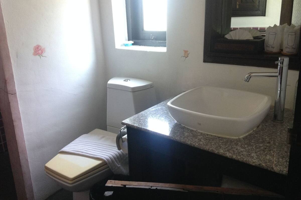 A bathroom with a toilet, sink, and window.