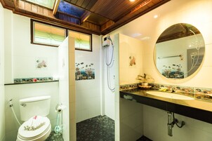 Casa de banho com sanita, chuveiro, lavatório e espelho.