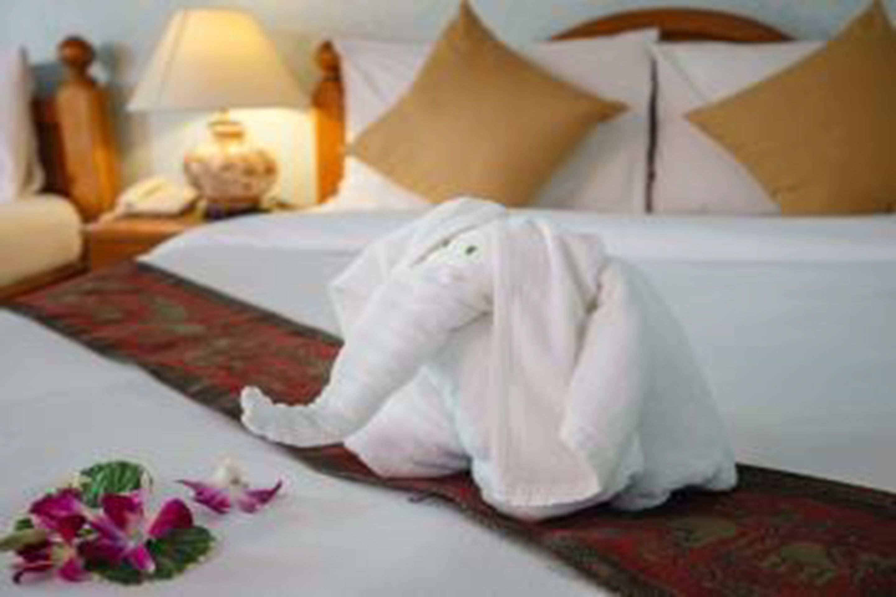 A neatly made bed with a white duvet, a red and green patterned bedspread, and a pair of white slippers on the floor.