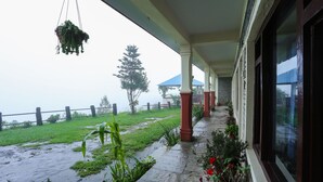 A covered outdoor area with a stone pathway, potted plants, and a hanging plant. - Dhaulagiri View Hotel (Pokhara)