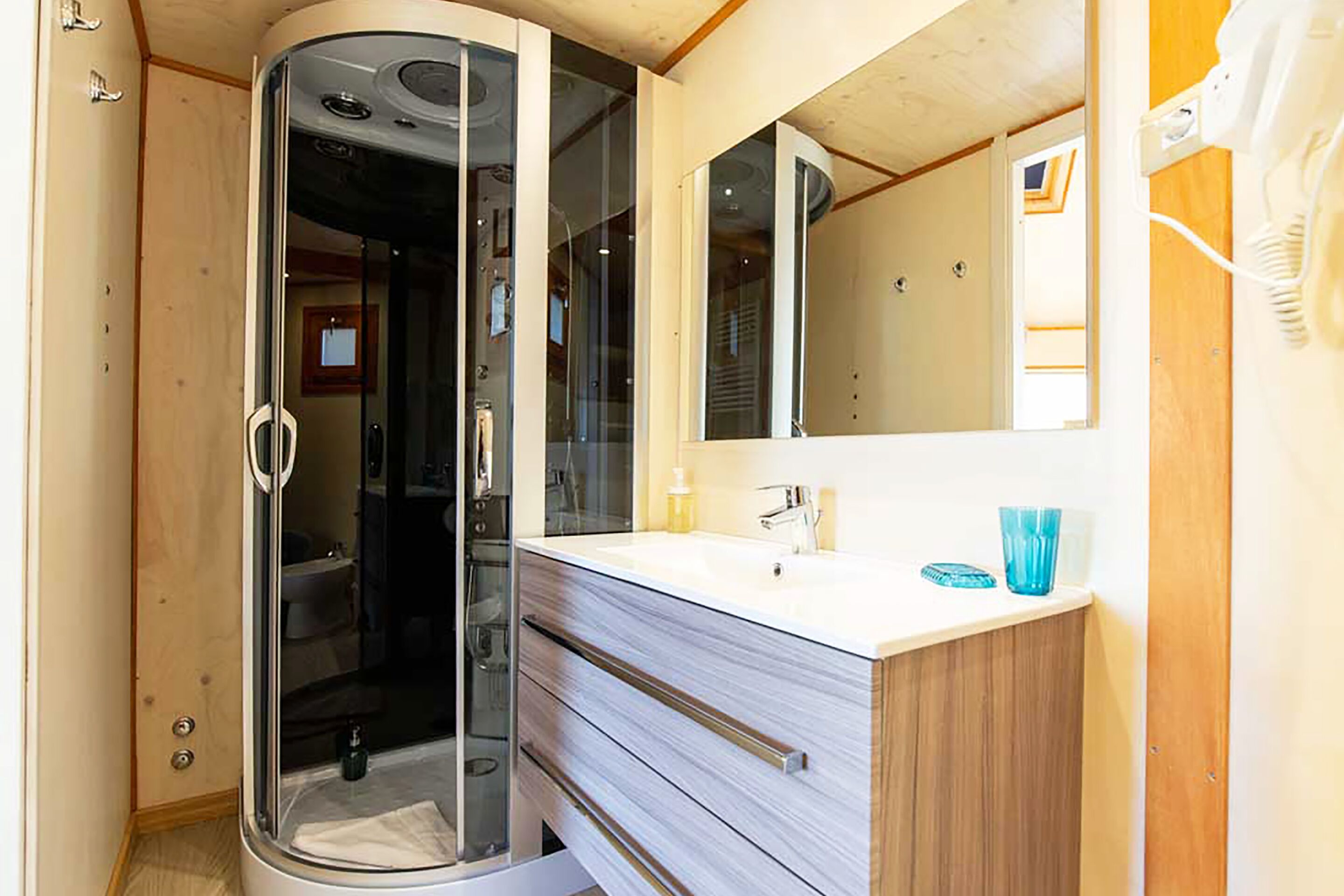 A modern bathroom with a glass shower enclosure, a white vanity with a mirror, and a wooden cabinet.