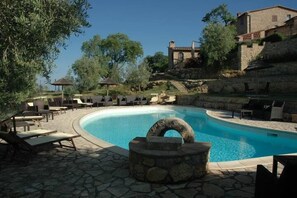 Seasonal outdoor pool, pool umbrellas, pool loungers