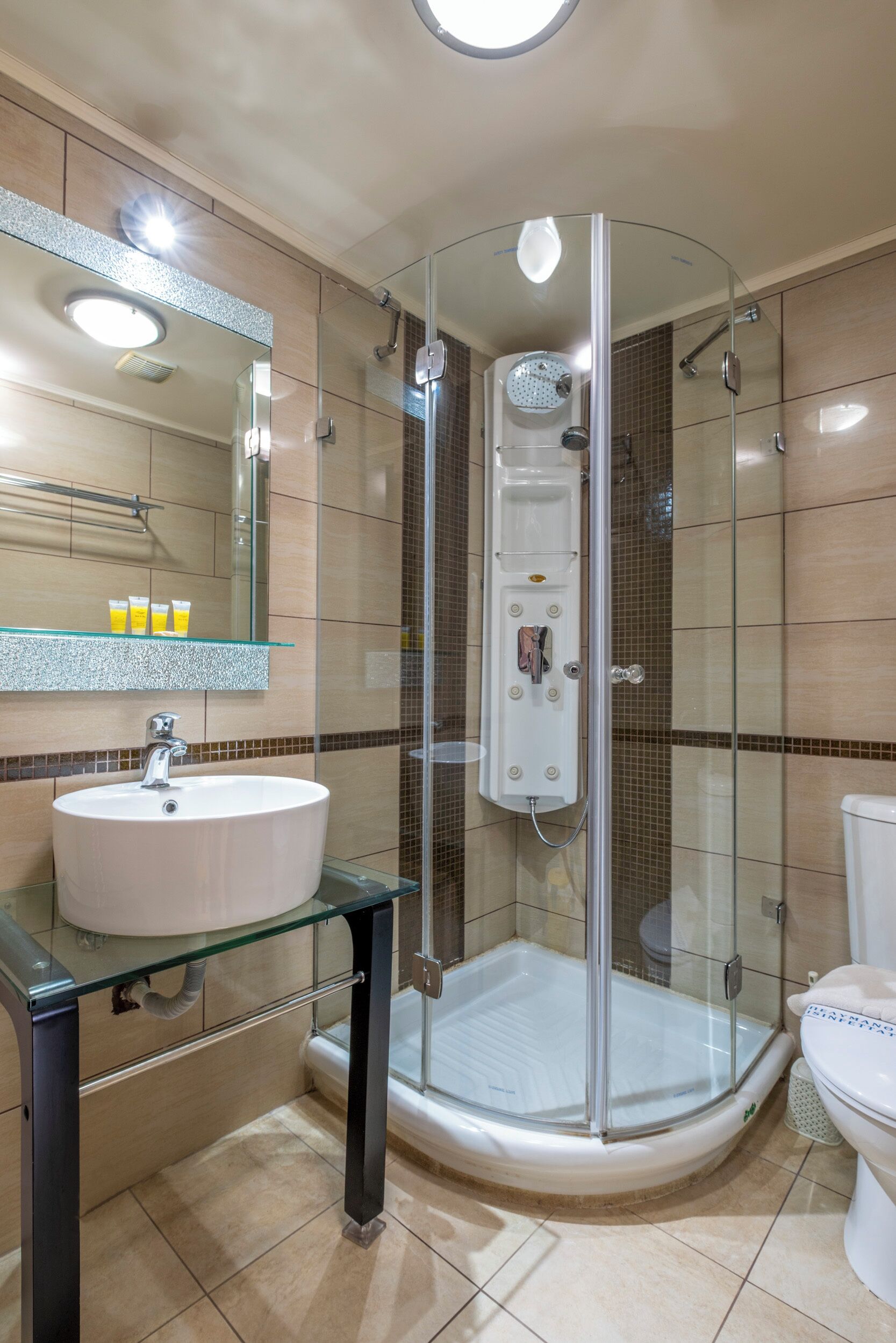 Un baño moderno con ducha de vidrio, lavamanos blanco y un inodoro.
