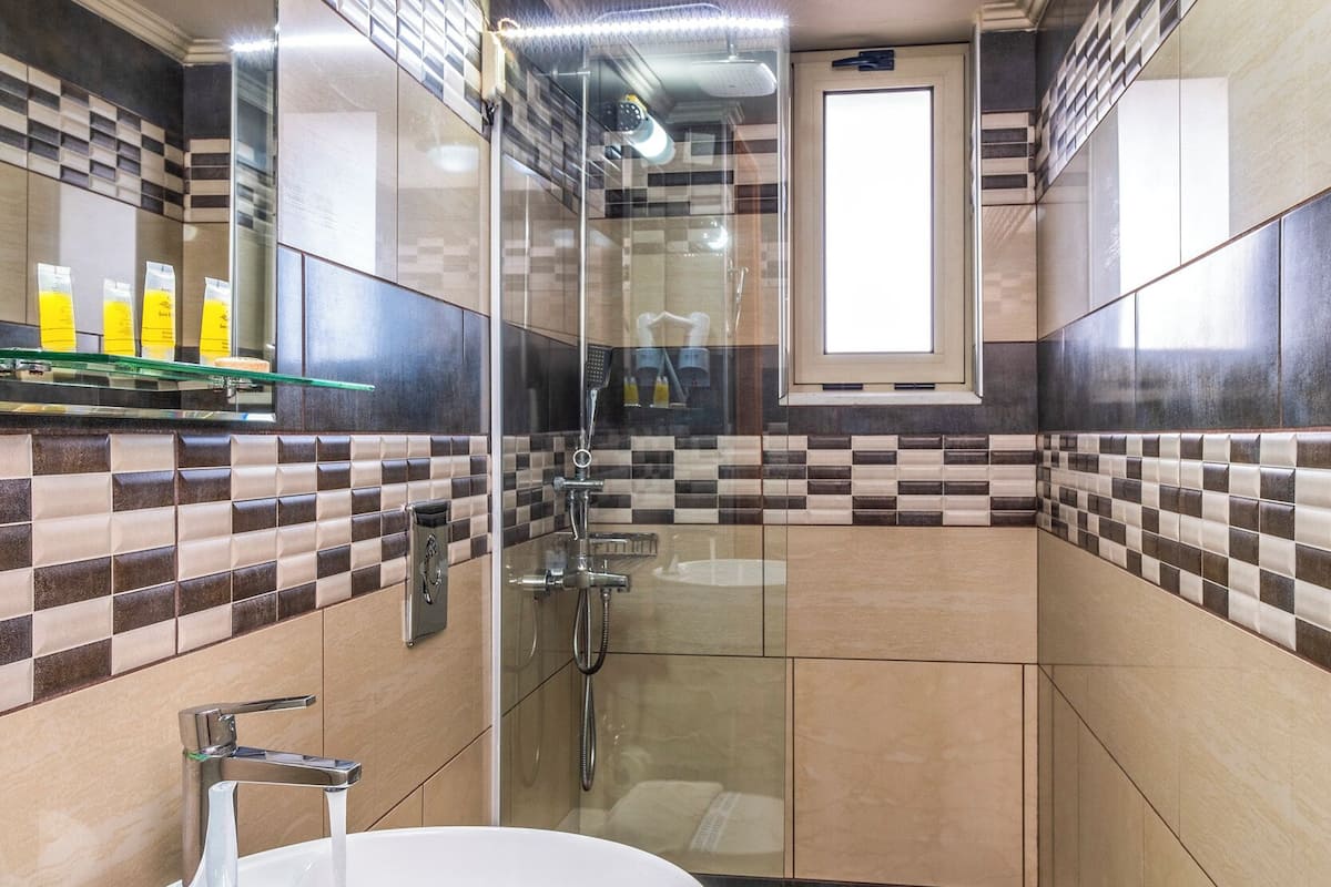 economy double room | bathroom | shower, free toiletries, hair dryer, slippers