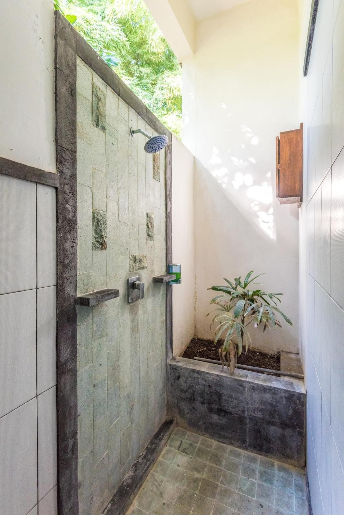 A small, enclosed shower area with a showerhead, a potted plant, and a wooden cabinet.