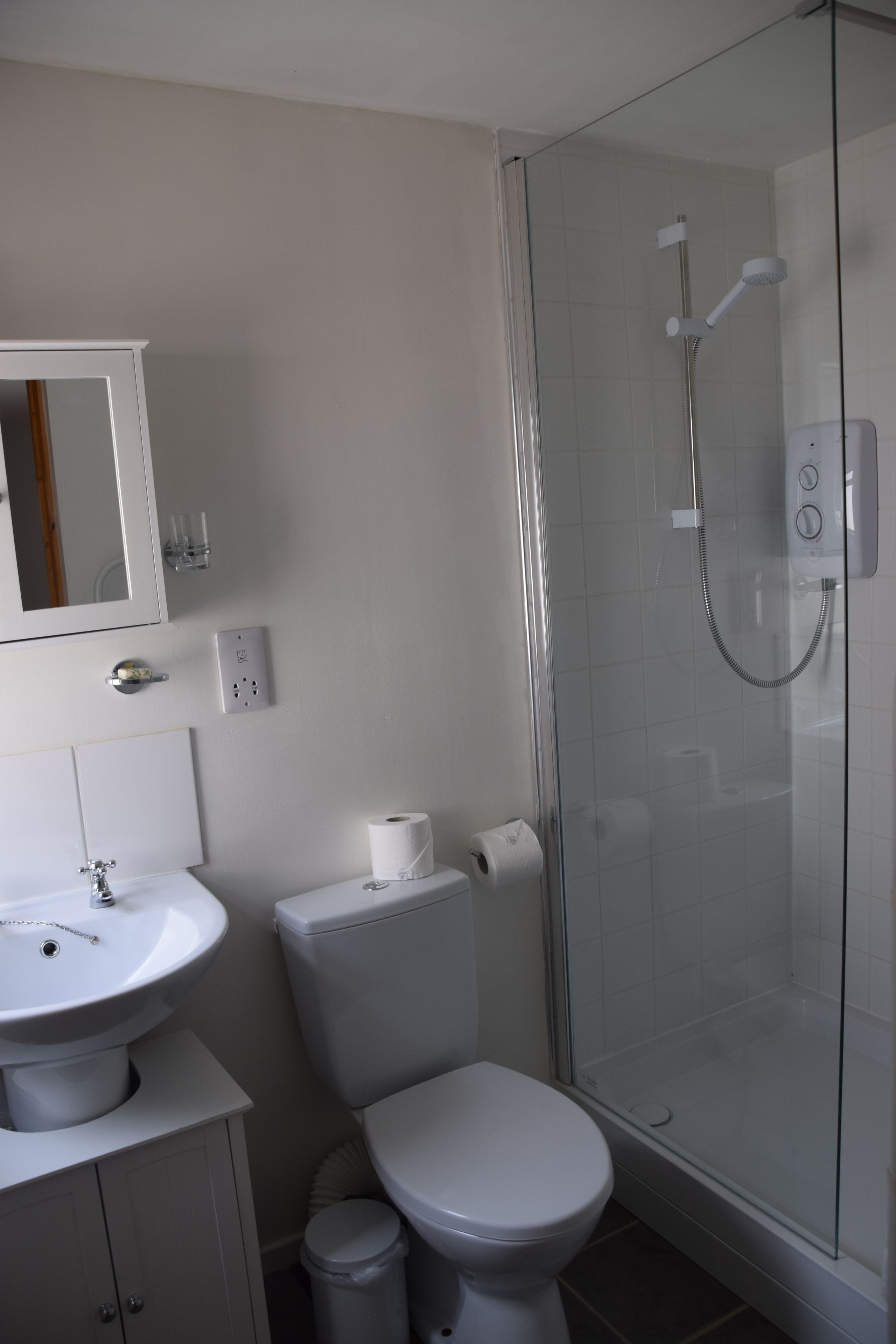 A bathroom with a glass-enclosed shower, a white sink, a toilet, and a mirror above the sink.