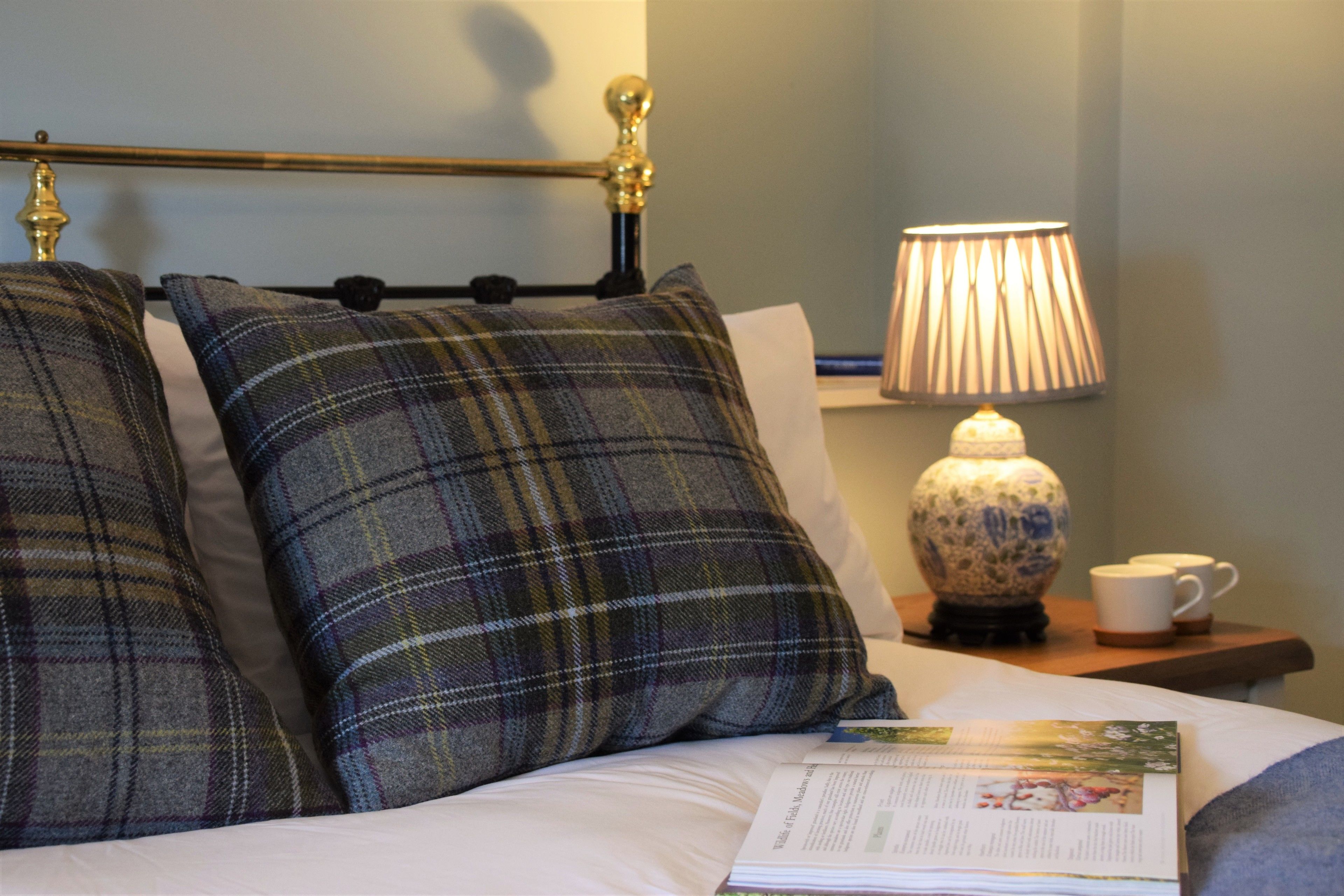 A bed with plaid pillows, a bedside lamp, and a book on the nightstand.