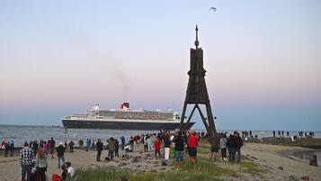 Un gran crucero amarrado en un muelle, con una multitud de personas en la playa.