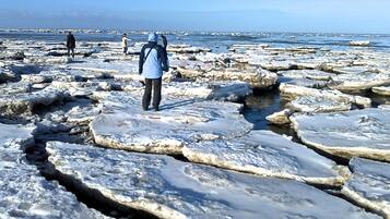 A rocky beach with large ice formations.