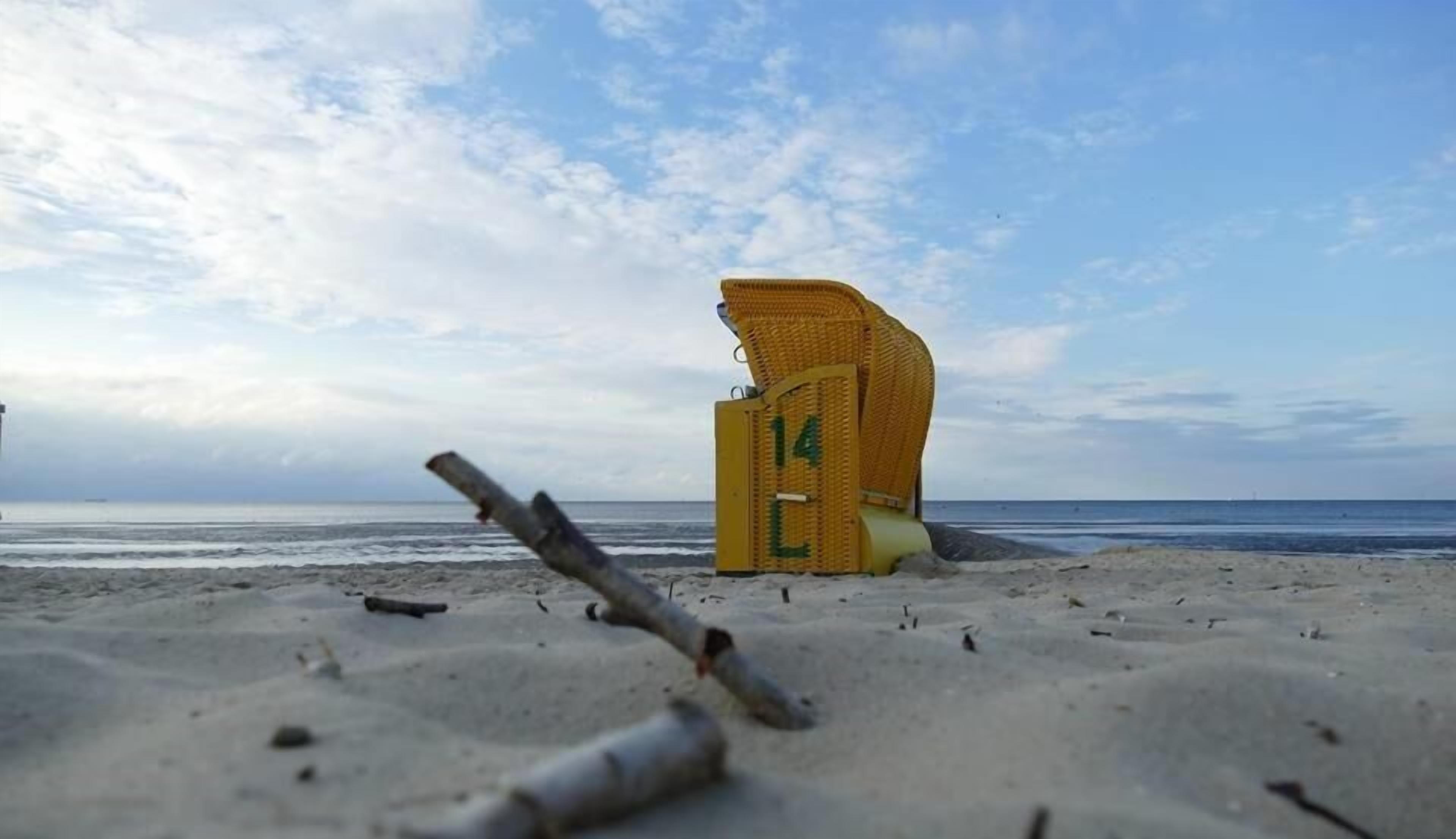 Una playa con una torre de salvavidas amarilla y un tronco caído.