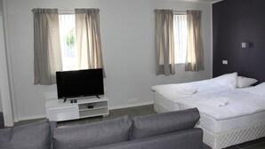 Une chambre d’hôtel moderne équipée d’un téléviseur à écran plat, d’un lit, d’un canapé et de deux fenêtres avec des rideaux.