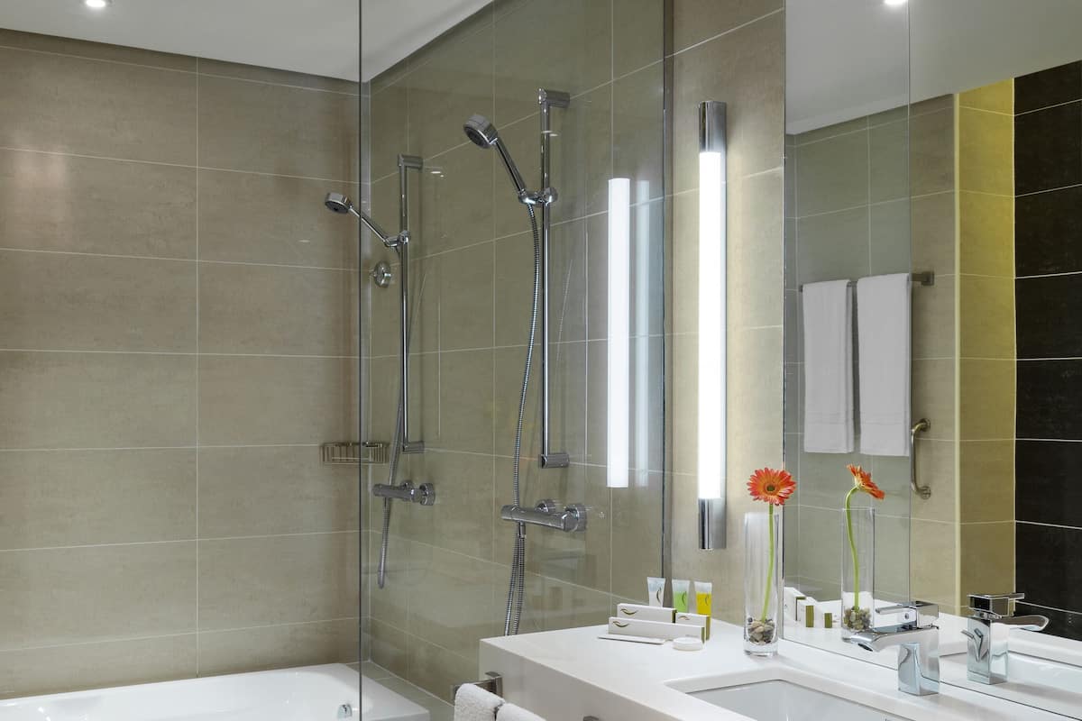Een aparte badkuip en douche, designer toiletartikelen, een haardroger