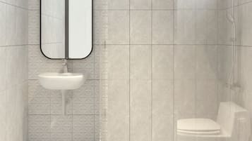 Shower, rainfall showerhead, free toiletries, hair dryer