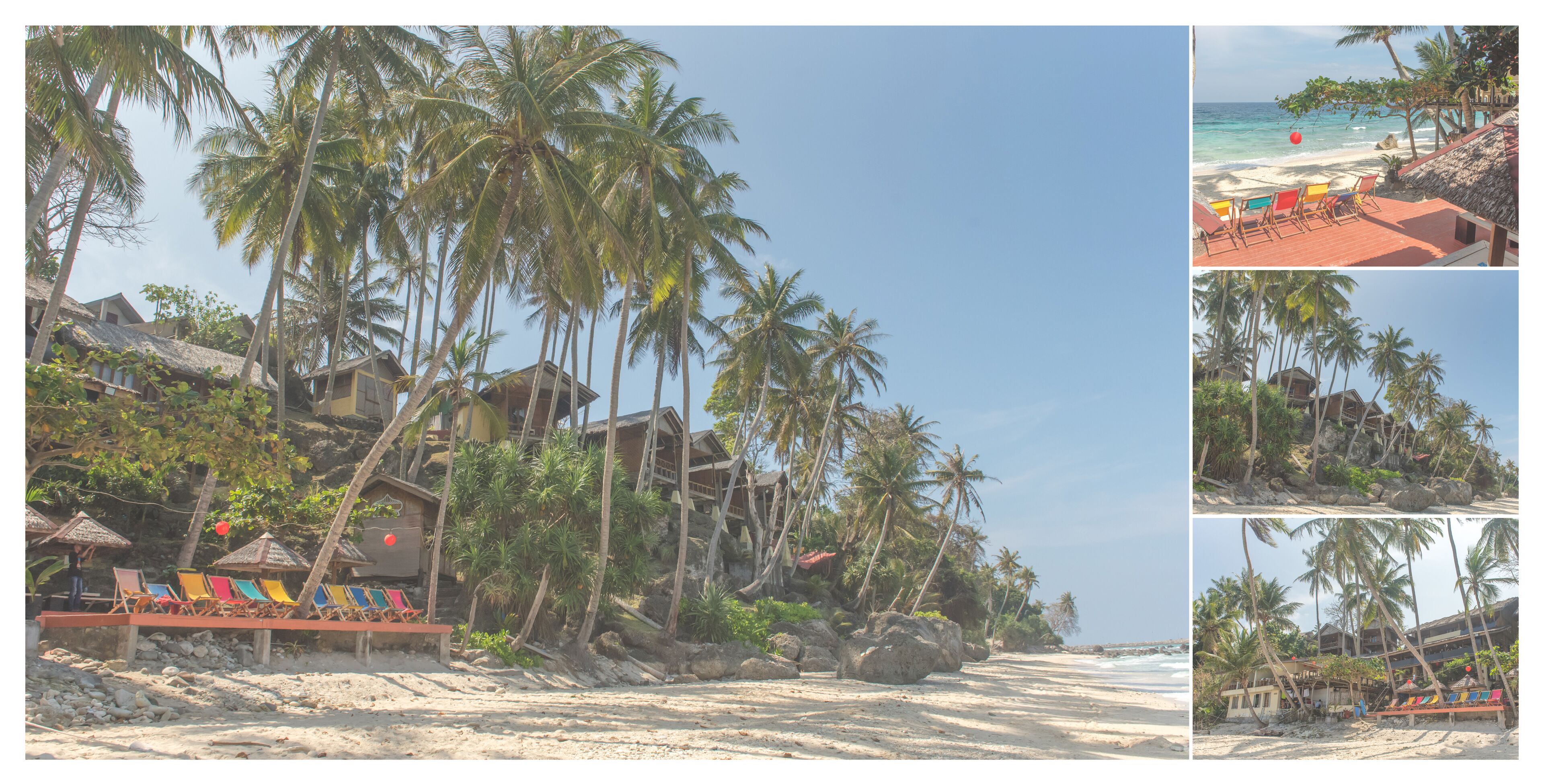 A beach resort with palm trees, beach chairs, and a view of the ocean.