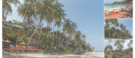 A beach resort with palm trees, beach chairs, and a view of the ocean.