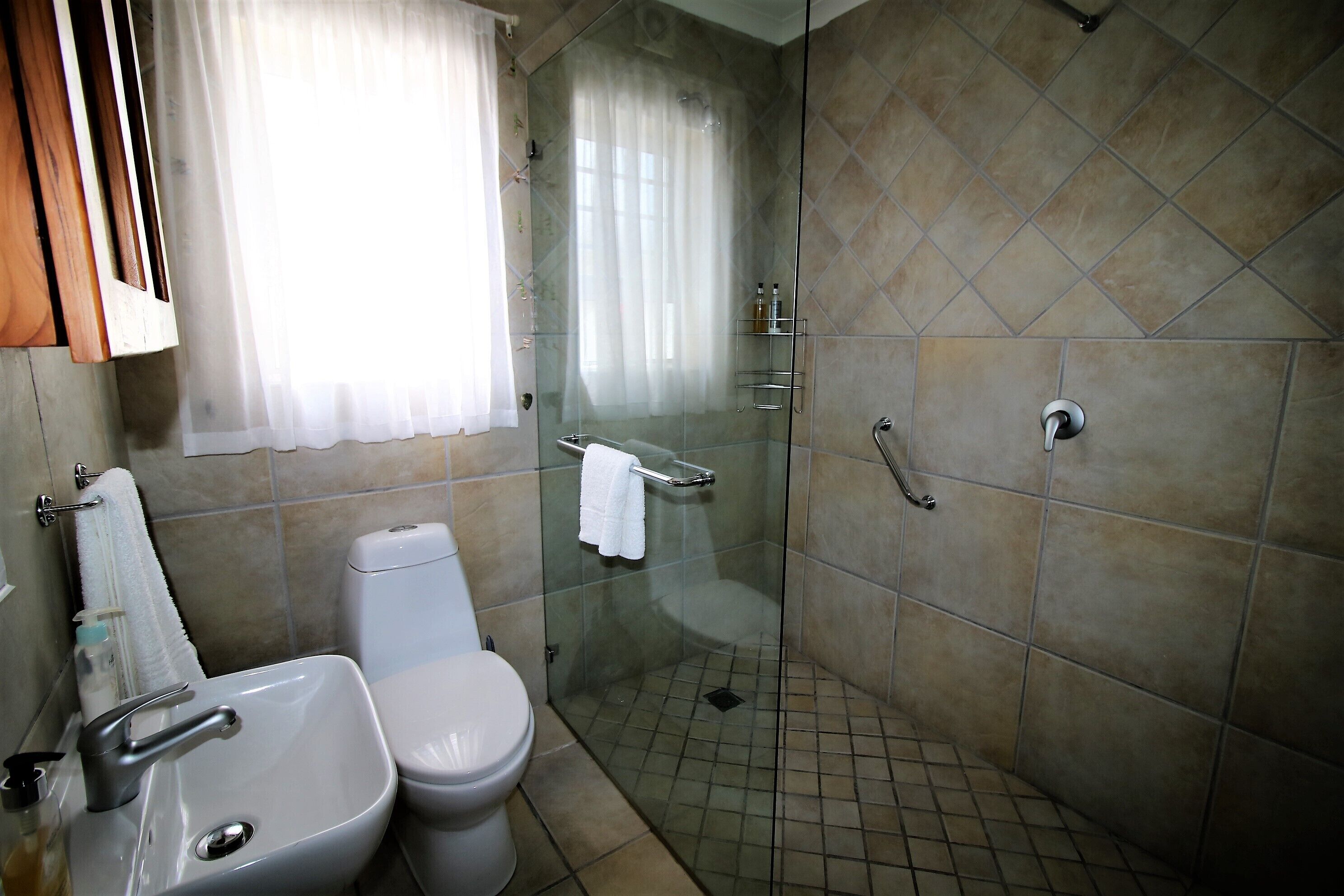 A bathroom with a glass-enclosed shower, a sink, and a toilet.