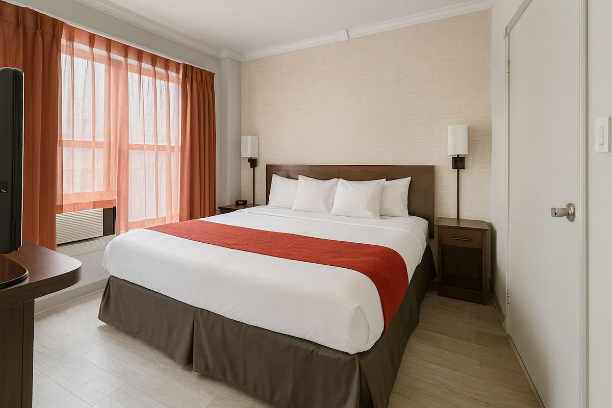 Ein Hotelzimmer mit einem großen Bett, einem Schreibtisch, einem Sessel, einem Fernseher und einem Fenster mit Vorhängen.