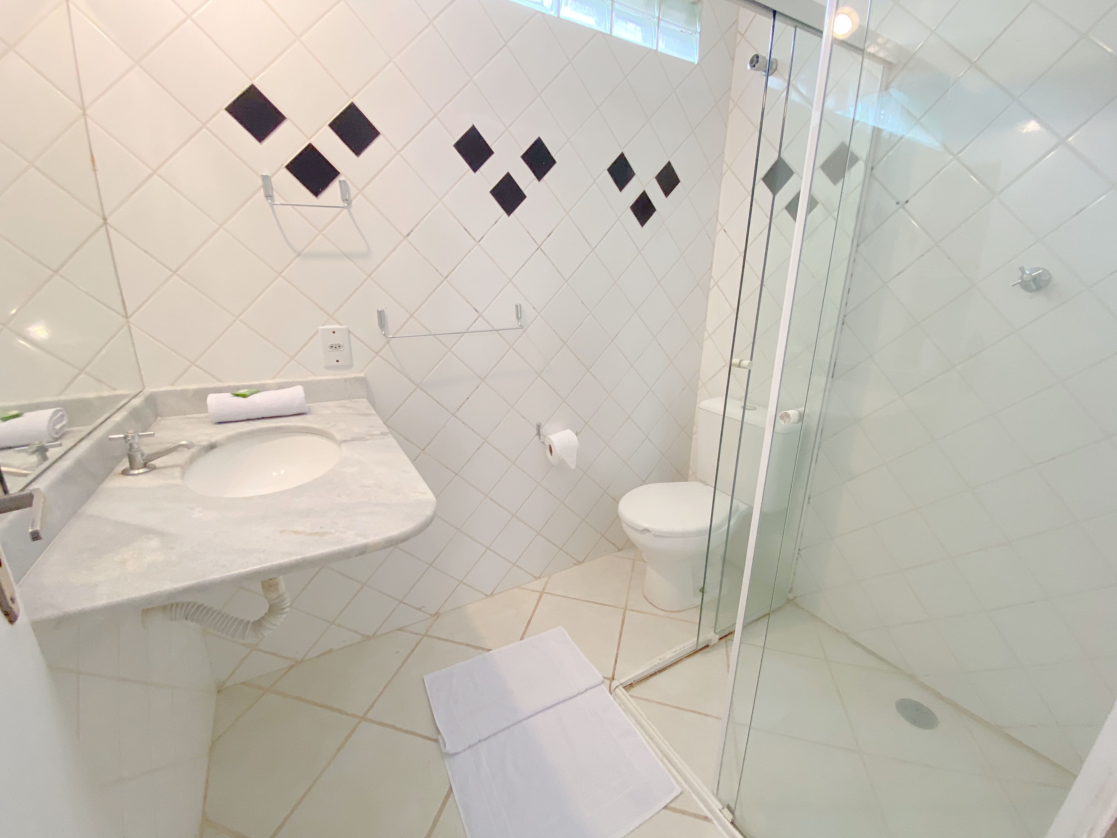 A modern bathroom with a glass shower enclosure, a white sink, and a toilet.