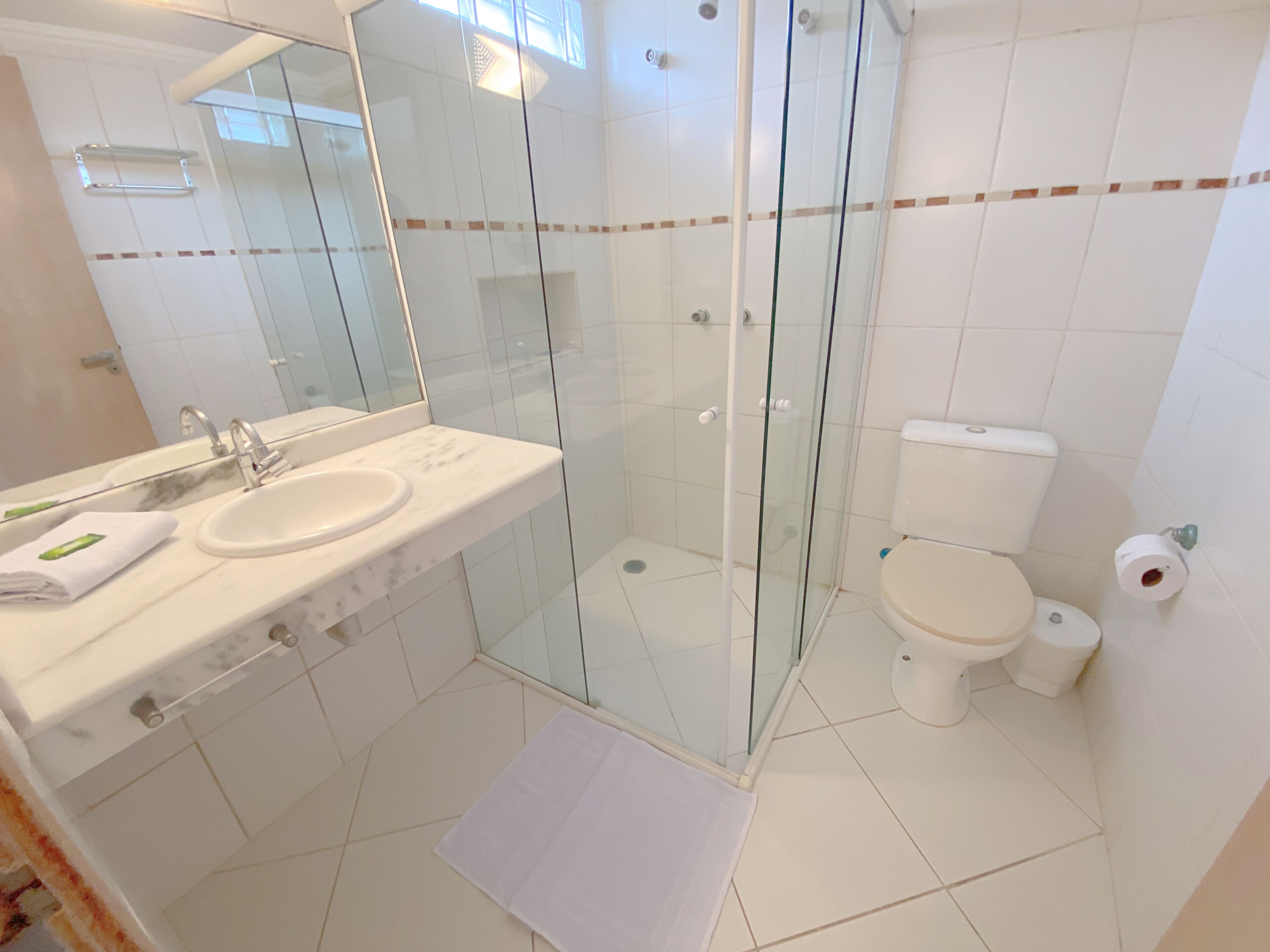 Un baño moderno con ducha envuelta en vidrio, un lavamanos blanco y un inodoro.