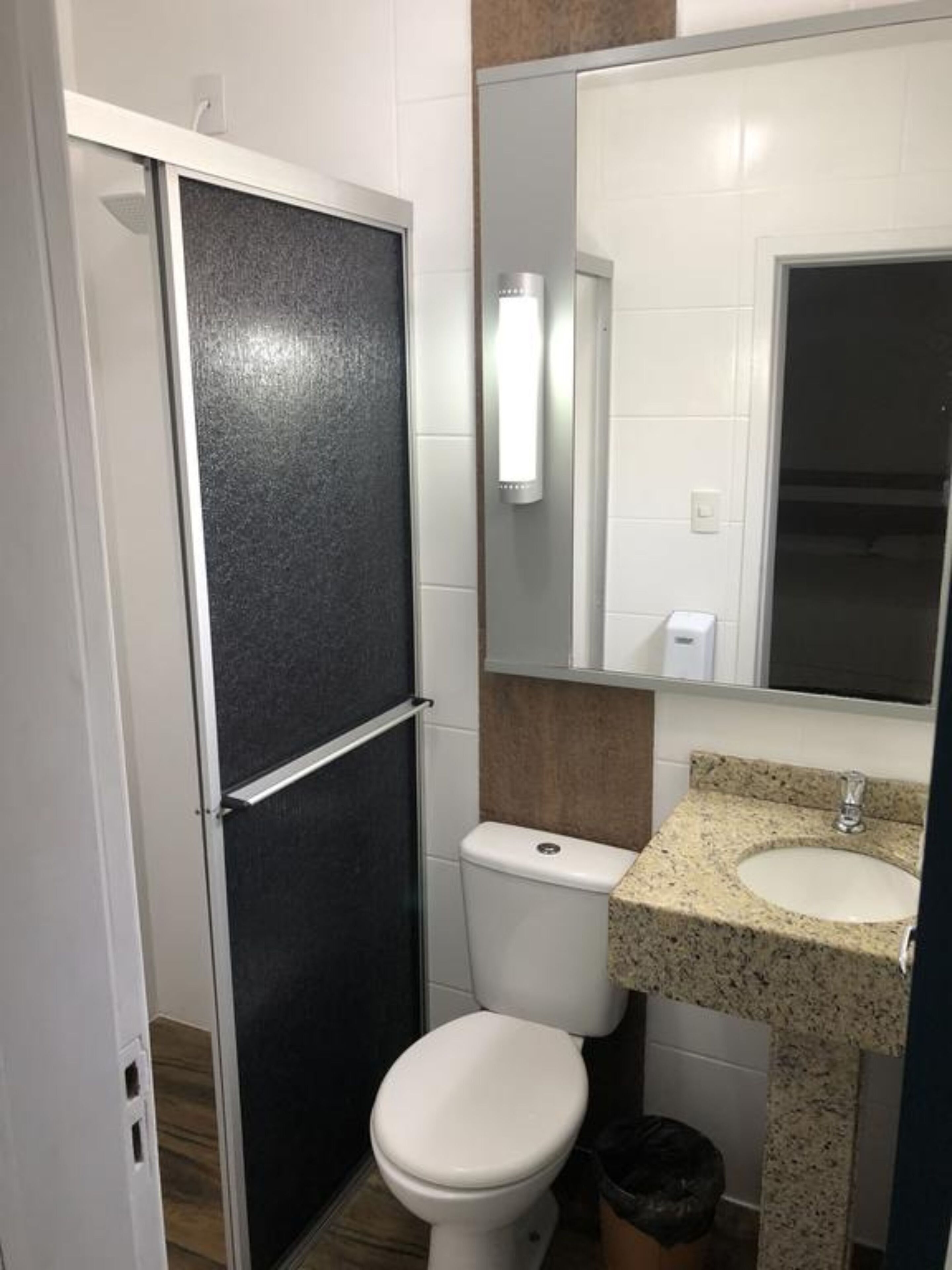 A small bathroom with a toilet, sink, and mirror.