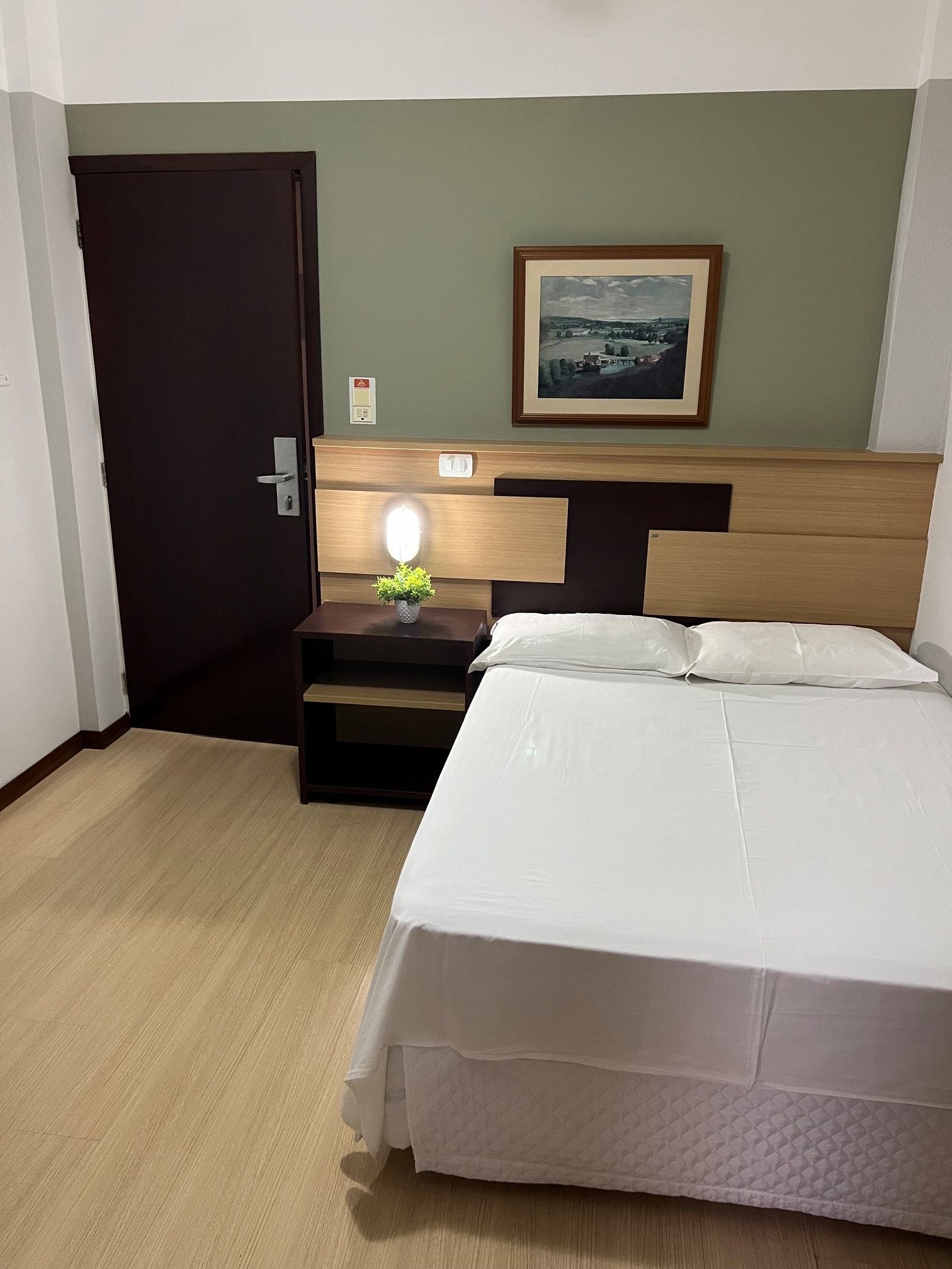 A hotel room with a bed, a nightstand with a lamp, a framed picture on the wall, and a door.
