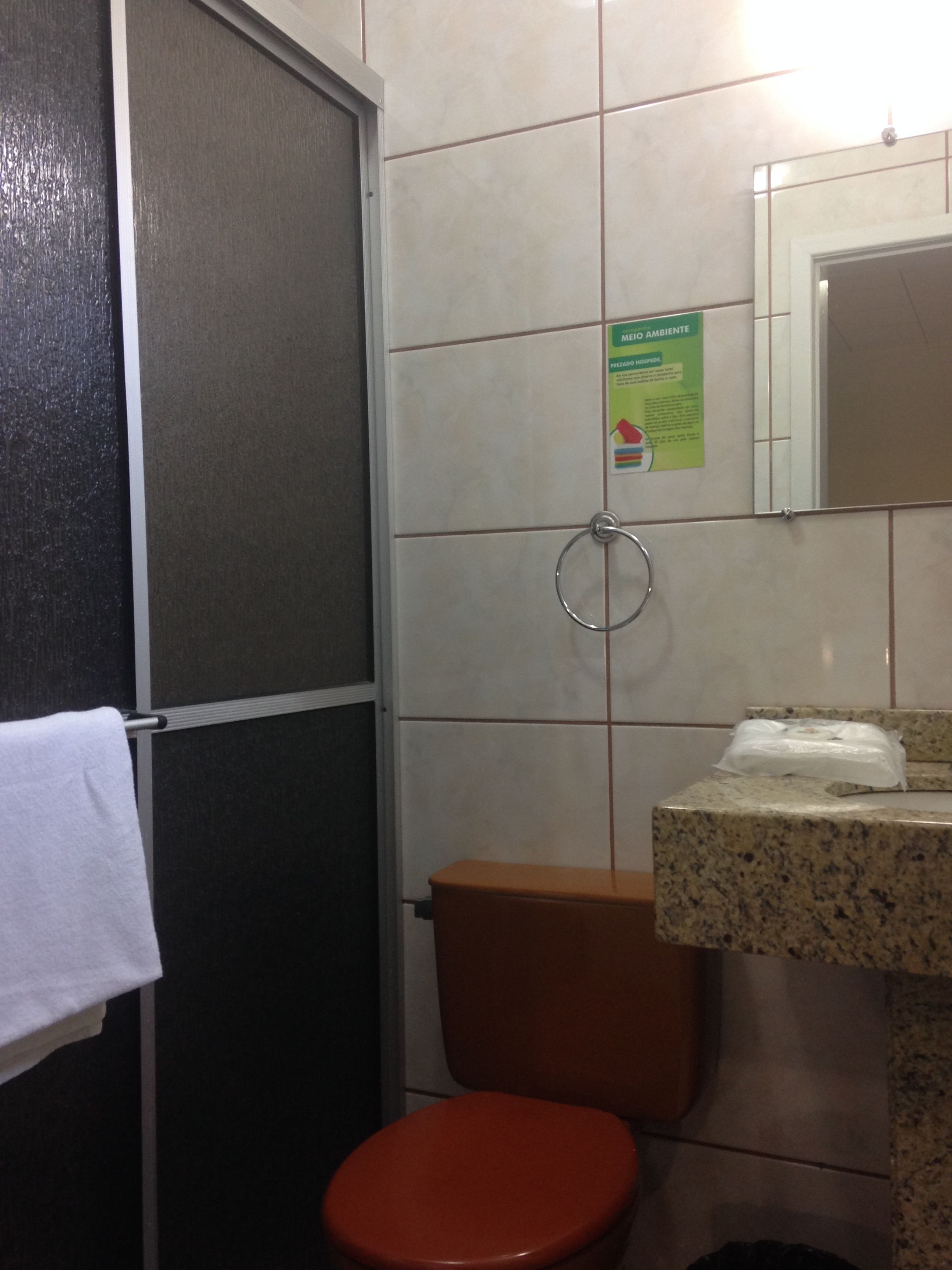 Un baño con inodoro, lavamanos, toallero y espejo.