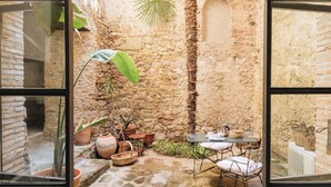 Un patio con paredes de piedra, plantas en macetas y una mesa con sillas.