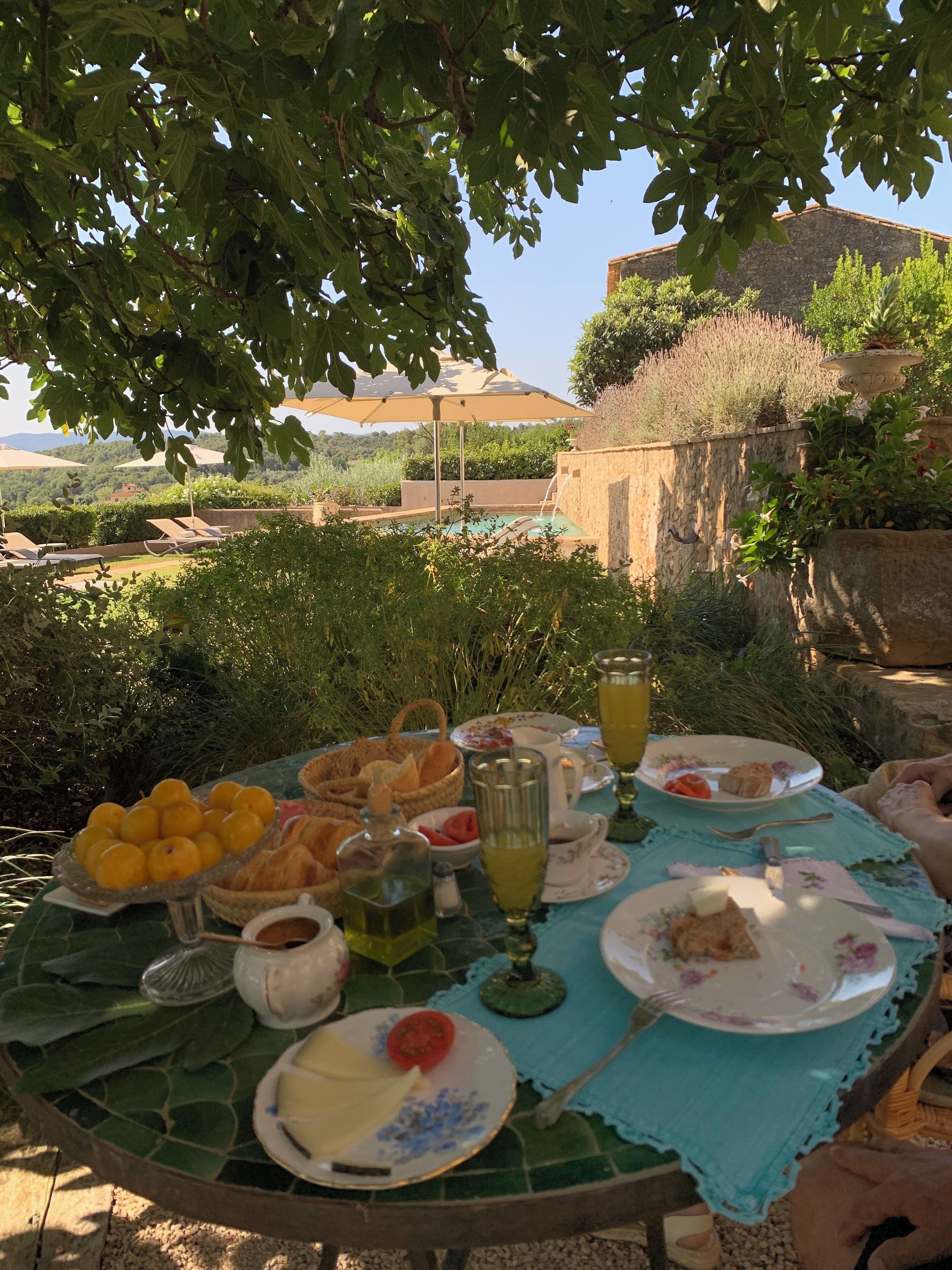 An outdoor dining area with a table set for breakfast, including fruits, bread, and beverages, surrounded by lush greenery and a stone wall.