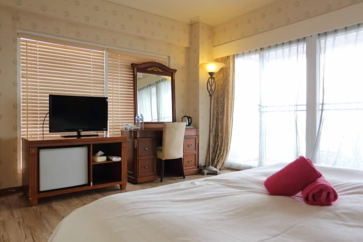 A hotel room with a bed, a desk with a chair, a television, a mirror, and a window with curtains.