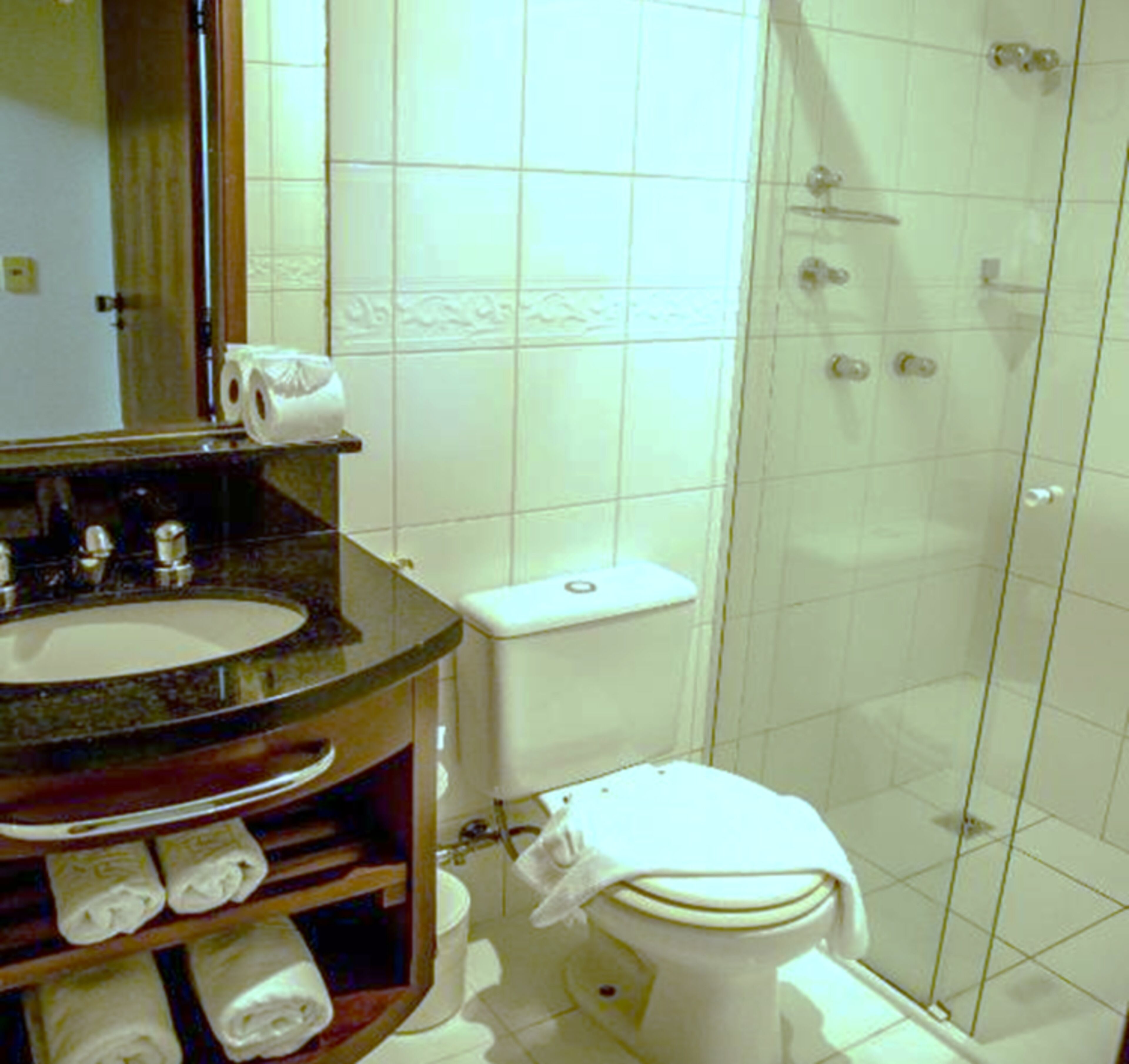 A bathroom with a marble sink, a toilet, and a shower enclosure.