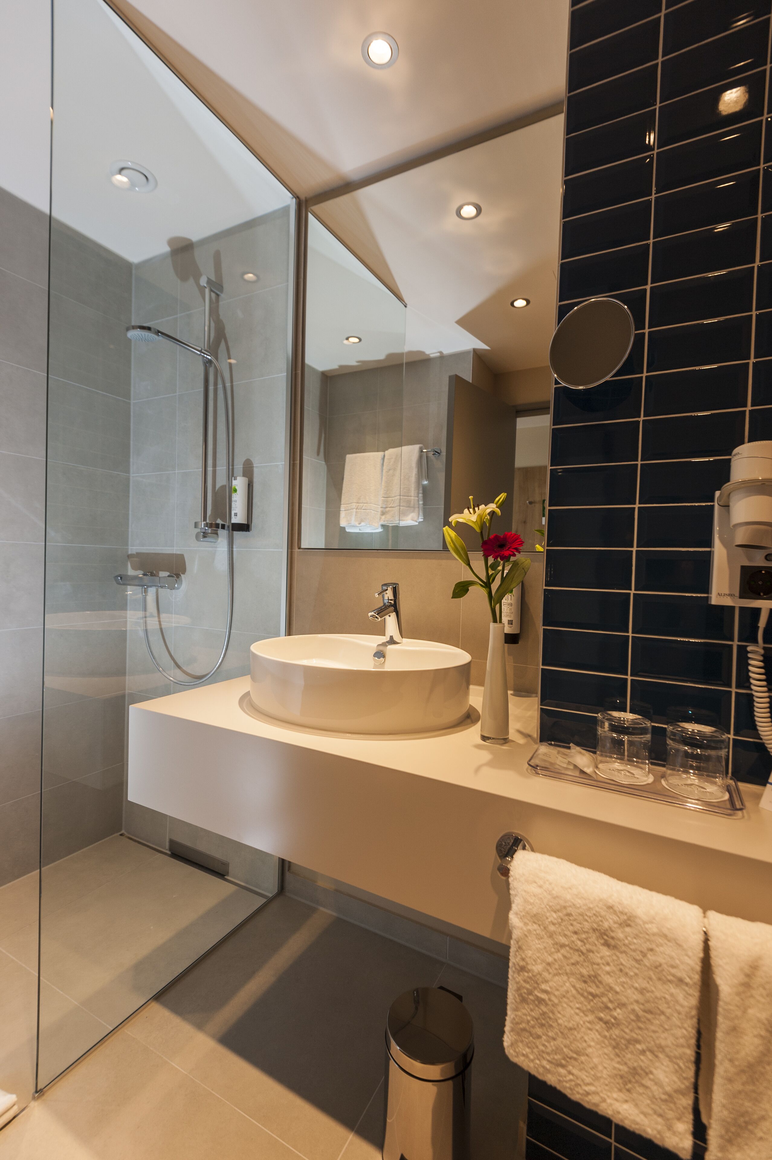 combined shower/bathtub, free toiletries, hair dryer, towels