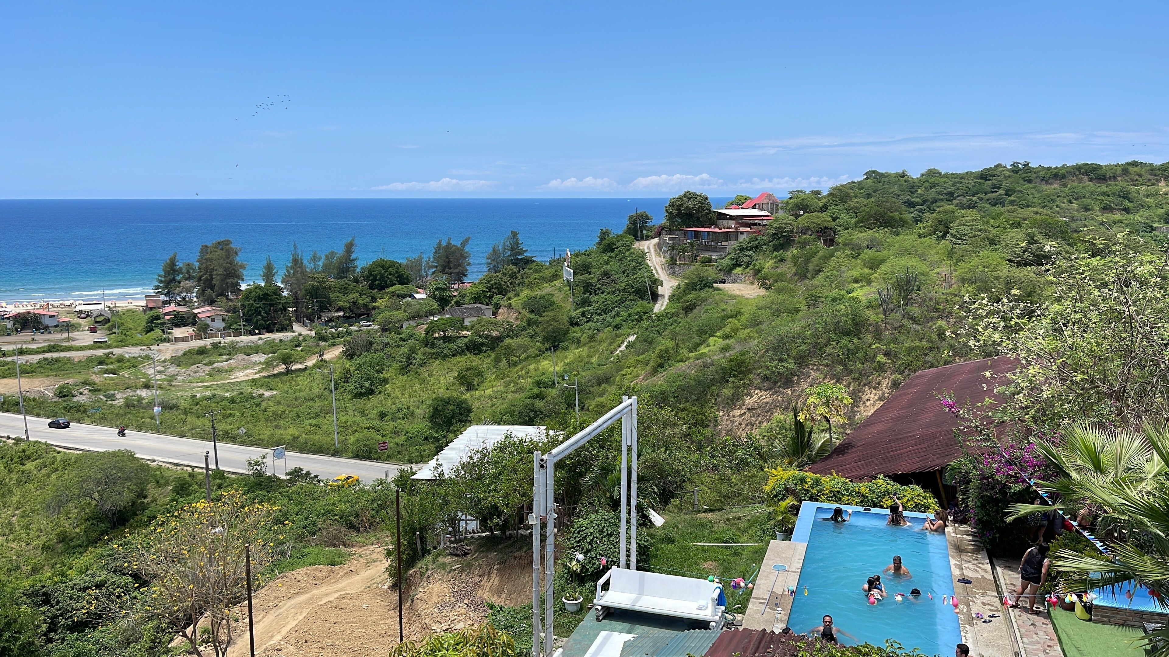 A pool area with people swimming and relaxing, surrounded by lush greenery and a view of the ocean.