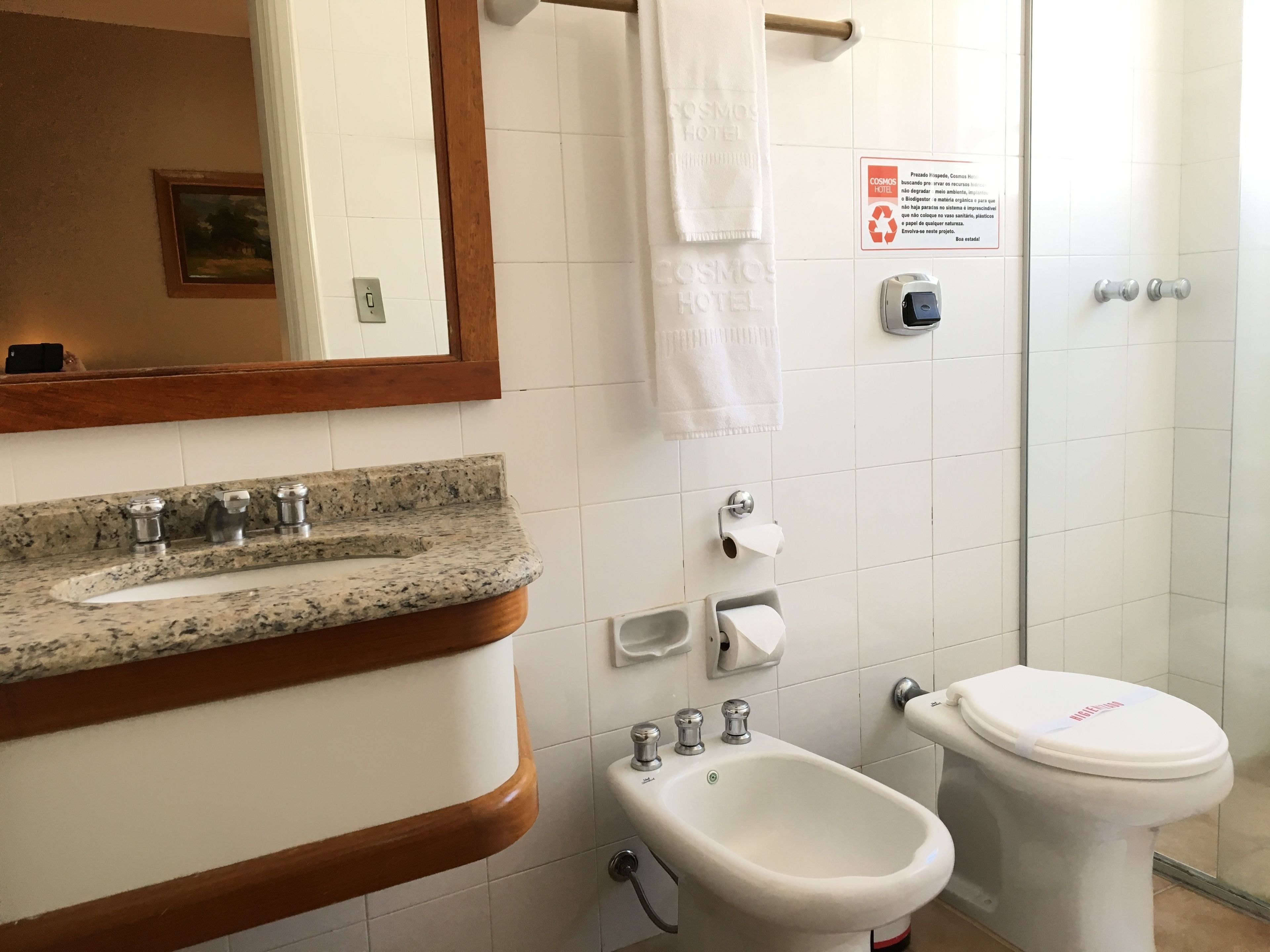 free toiletries, hair dryer, bidet, towels