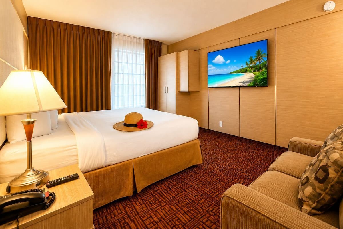Hotellihuone, jossa on sänky, televisio, josta näkyy rantamaisema, työpöytä lampun ja puhelimen kanssa sekä sohva.