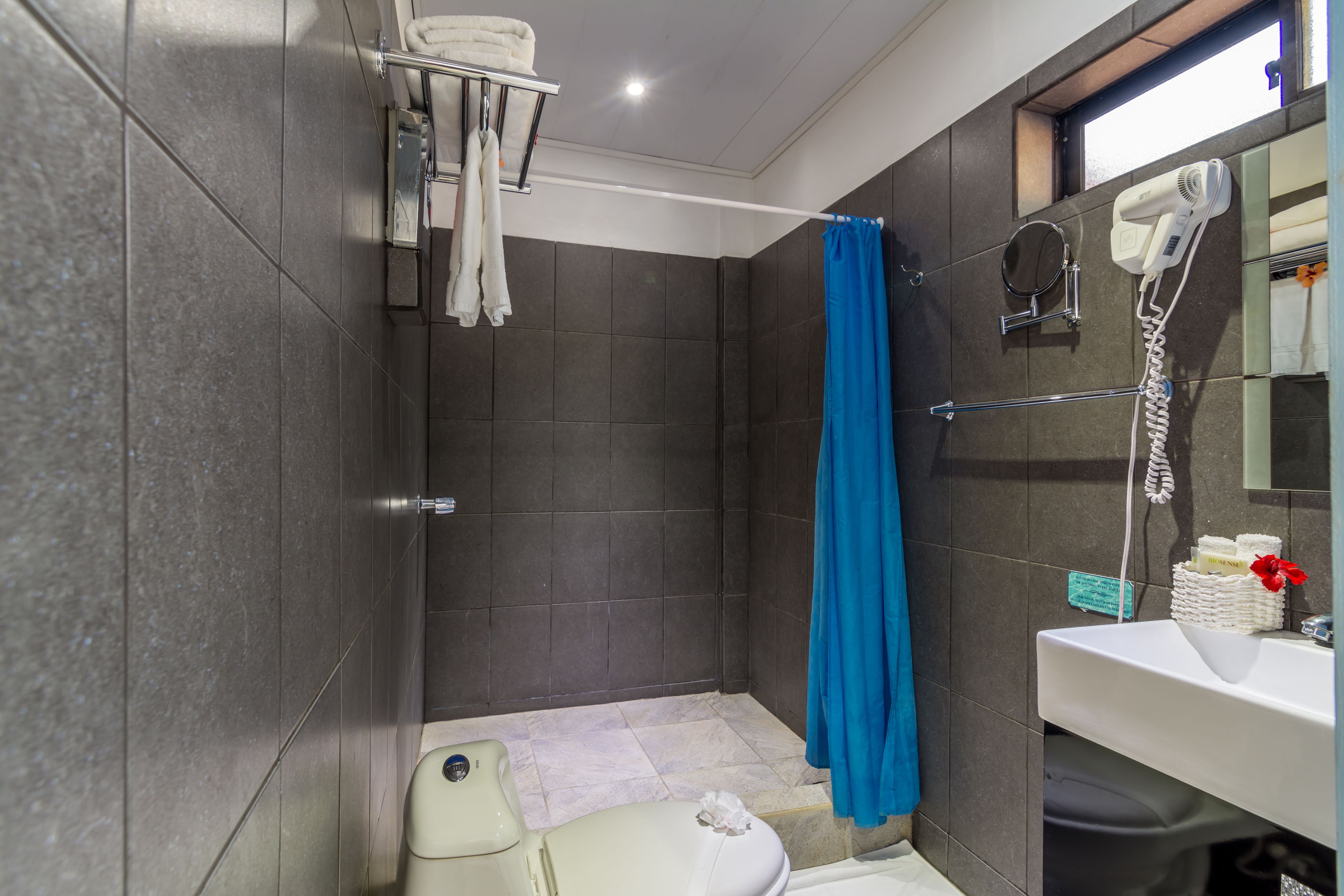 A modern bathroom with a shower, toilet, and sink.