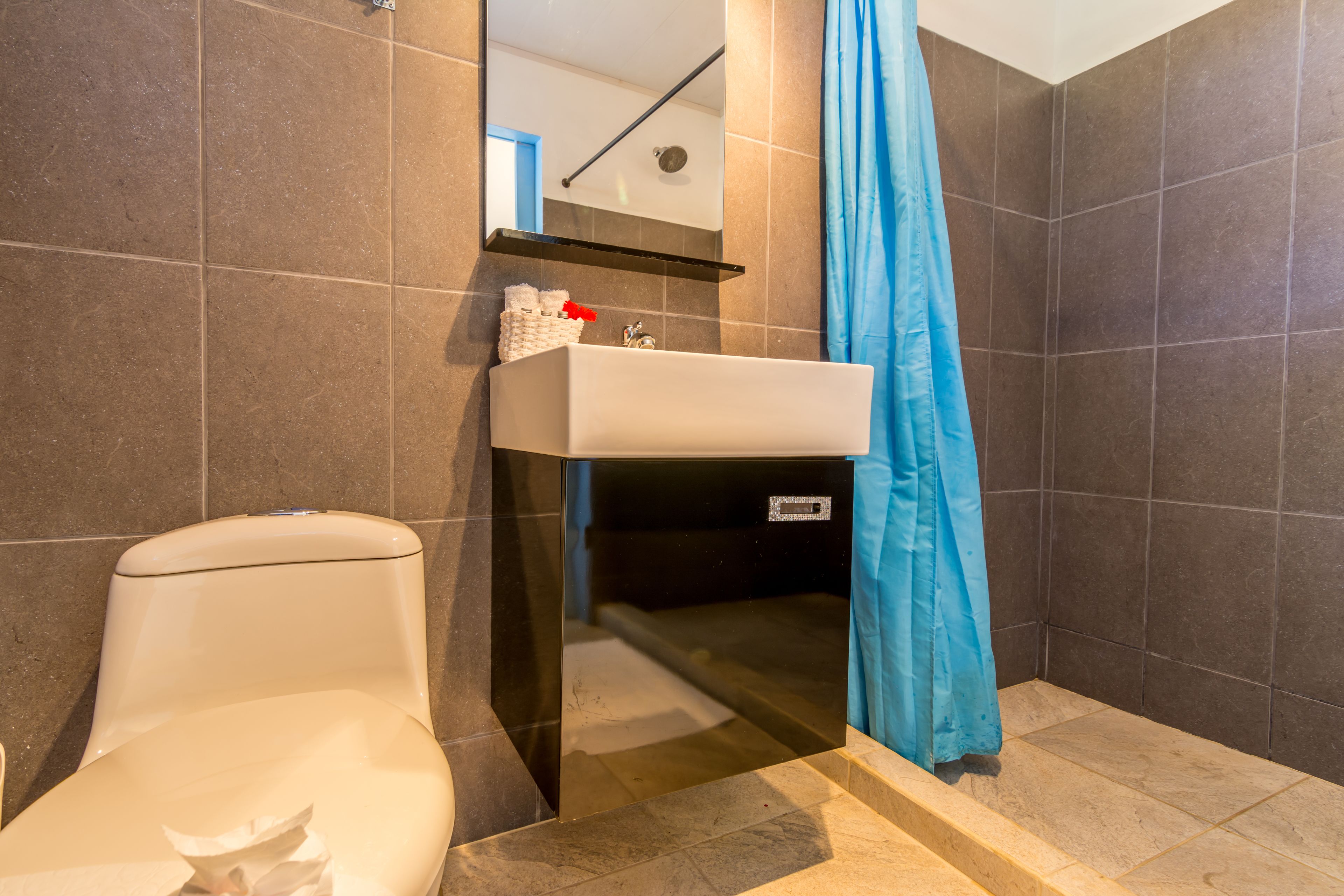 Un baño con inodoro, lavamanos y zona de ducha.