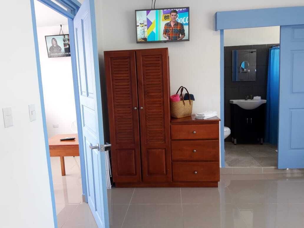 A room with a wooden wardrobe, a television, a bathroom with a sink and mirror, and a blue door.