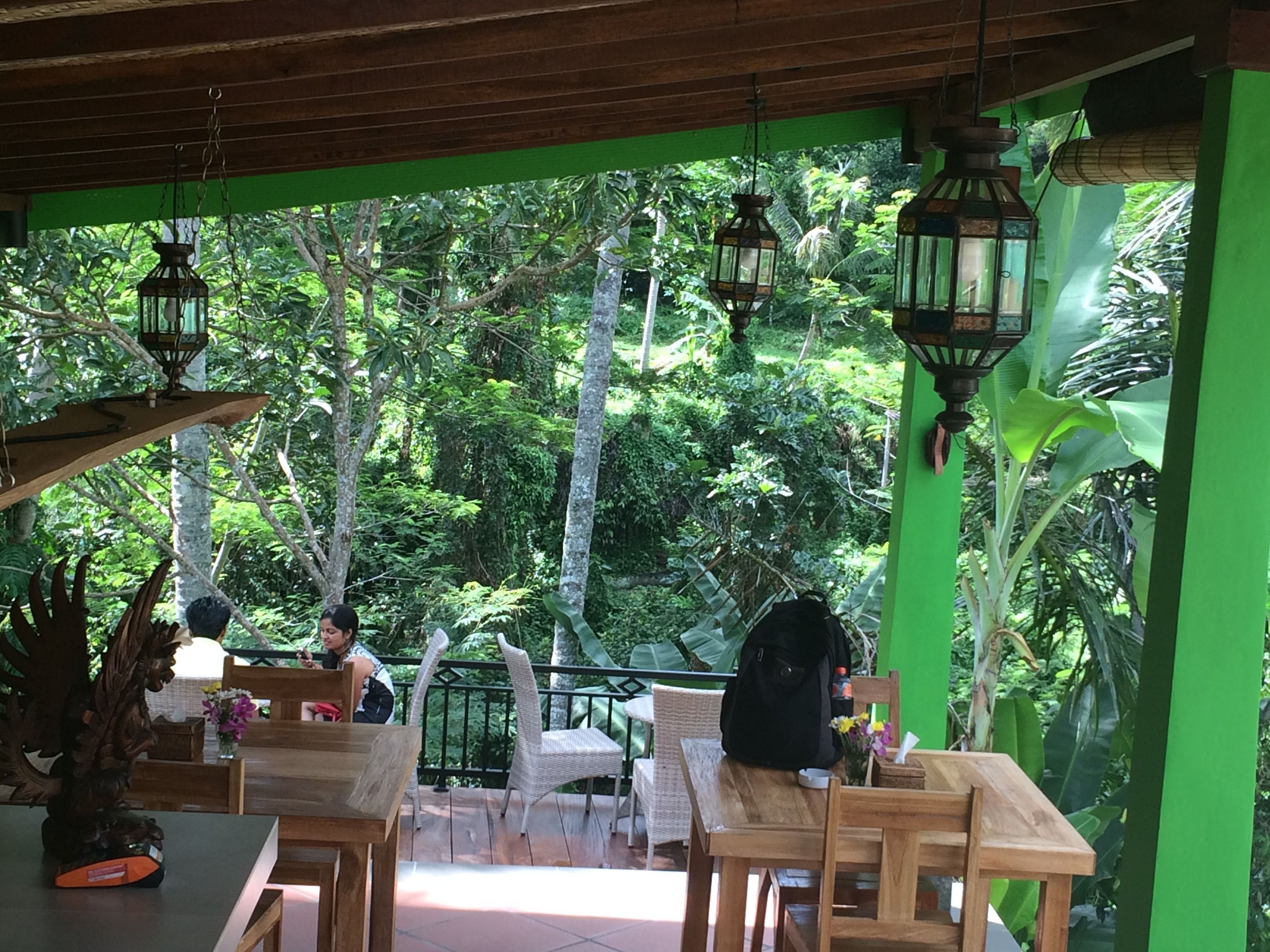 Un espacio al aire libre con mesas y sillas de madera, rodeado de abundante vegetación y faroles colgantes.