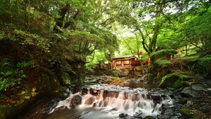 A rustic cabin surrounded by lush greenery and a small waterfall. - Oyado Hanabou (Minamioguni)