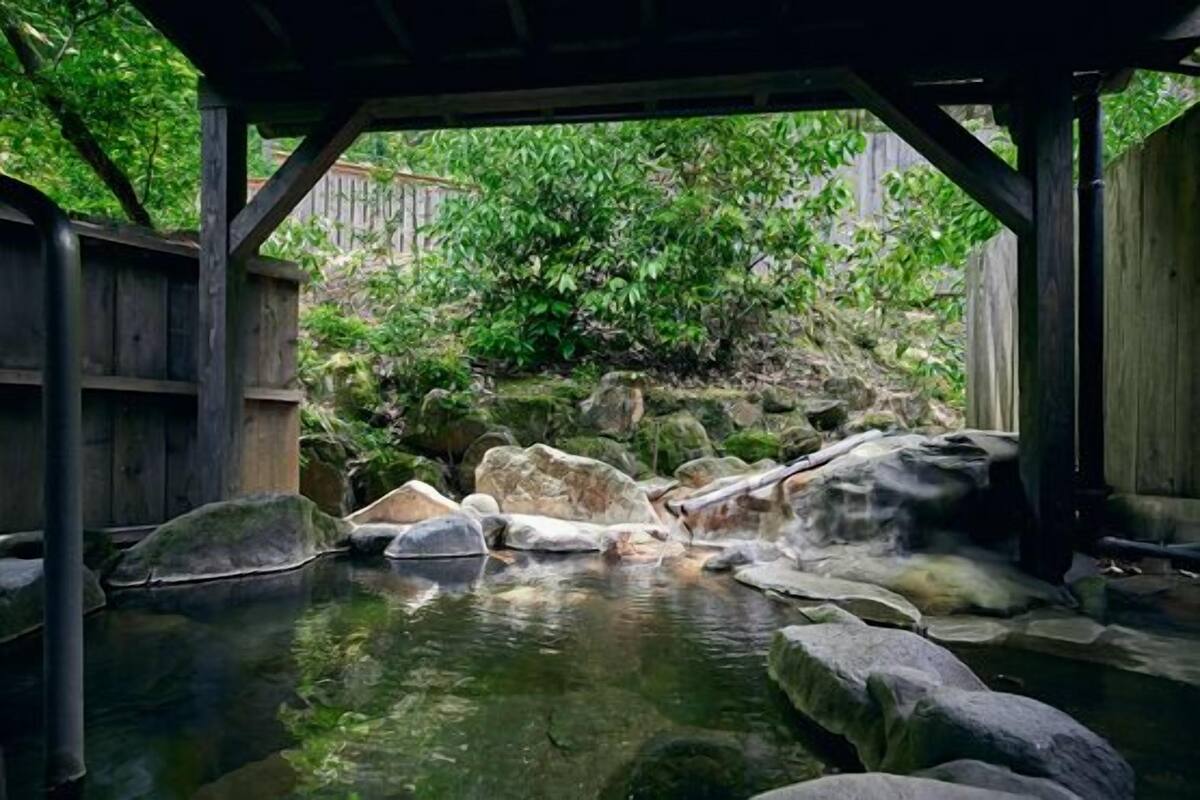 Un espace paisible en plein air, aménagé avec une source d’eau chaude naturelle, des éléments en bois, des rochers et un décor naturel.