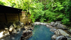 A traditional Japanese onsen with a wooden structure, surrounded by lush greenery and large rocks. - Oyado Hanabou (Minamioguni)