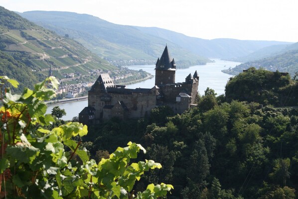 Un castillo con múltiples torres que domina un río y está rodeado de vegetación exuberante.