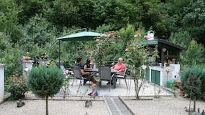 Un patio con mesa y sillas, rodeado de plantas en macetas y un pequeño árbol.