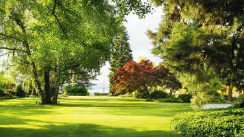 Un parc bien entretenu, avec une variété d’arbres, une pelouse verdoyante et un petit étang.