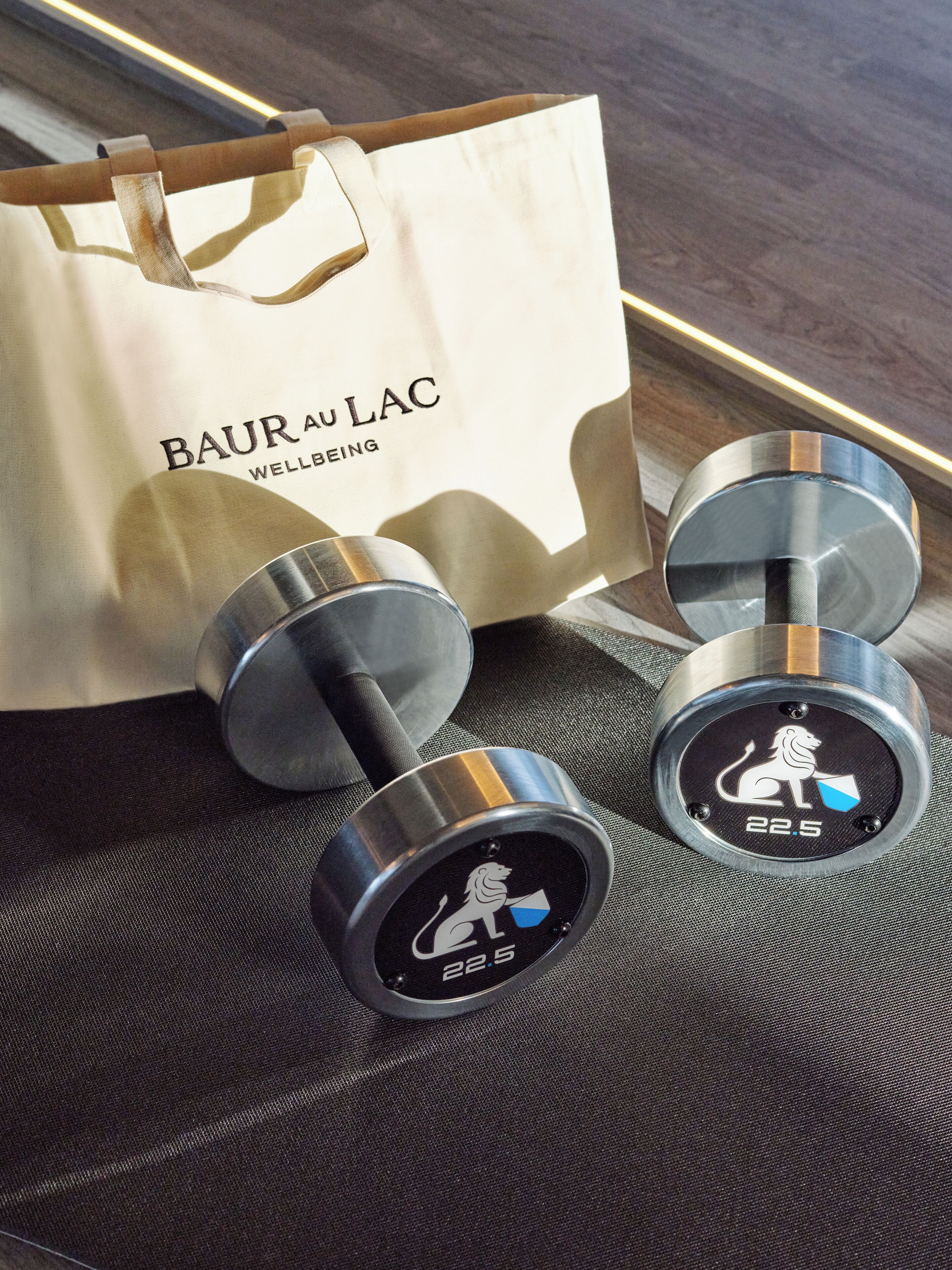 Un ensemble de deux haltères de 22,5 kg, un sac de courses beige avec l’inscription « BAUR AU LAC WELLBEING », et un sol texturé de couleur sombre.